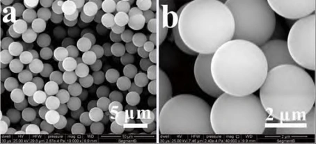 Scanning electron micrographs of monodisperse nonporous silica microspheres (different magnifications)