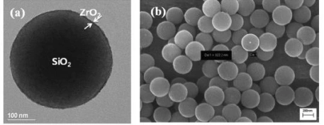 TEM and SEM images of core-shell microspheres